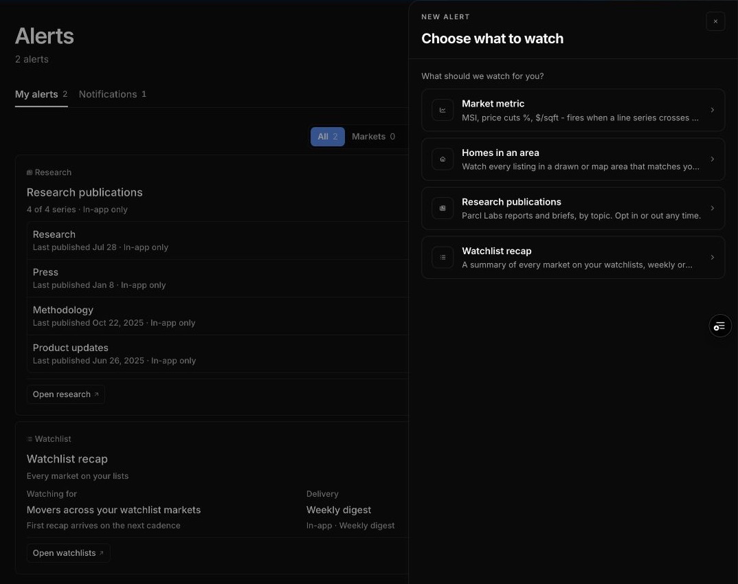 Parcl HQ Alert Hub with alert types and the new-alert workflow