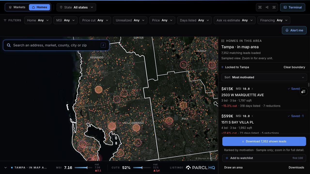 Tampa Homes map with real listing results, filtering controls, and the sampled-view notice