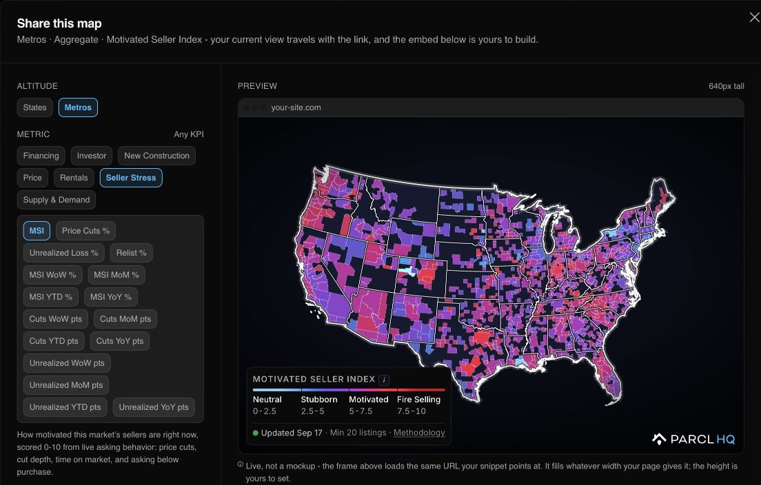 Parcl HQ embed studio with metric controls and a live national map preview